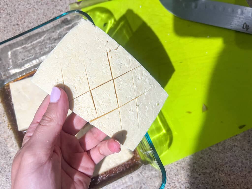 cross pattern in uncooked tofu