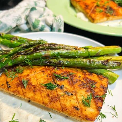 Lemon Pepper Tofu with Asparagus on plates