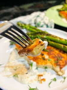 Lemon Pepper Tofu with Asparagus on fork