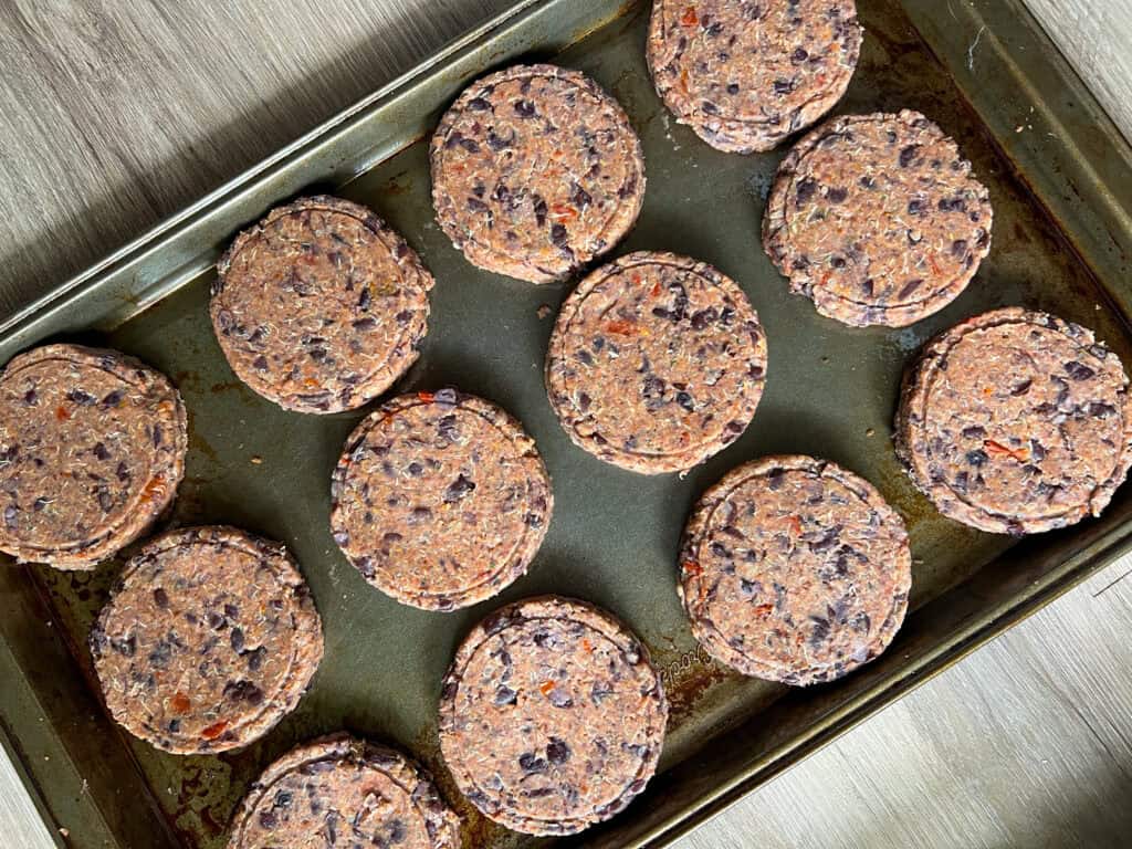 Quinoa Black Bean Burgers uncooked patties on backing sheet