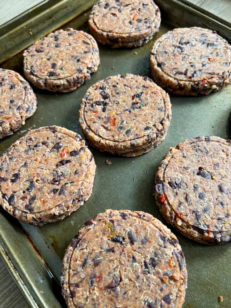 Quinoa Black Bean Burgers uncooked patties on baking sheet