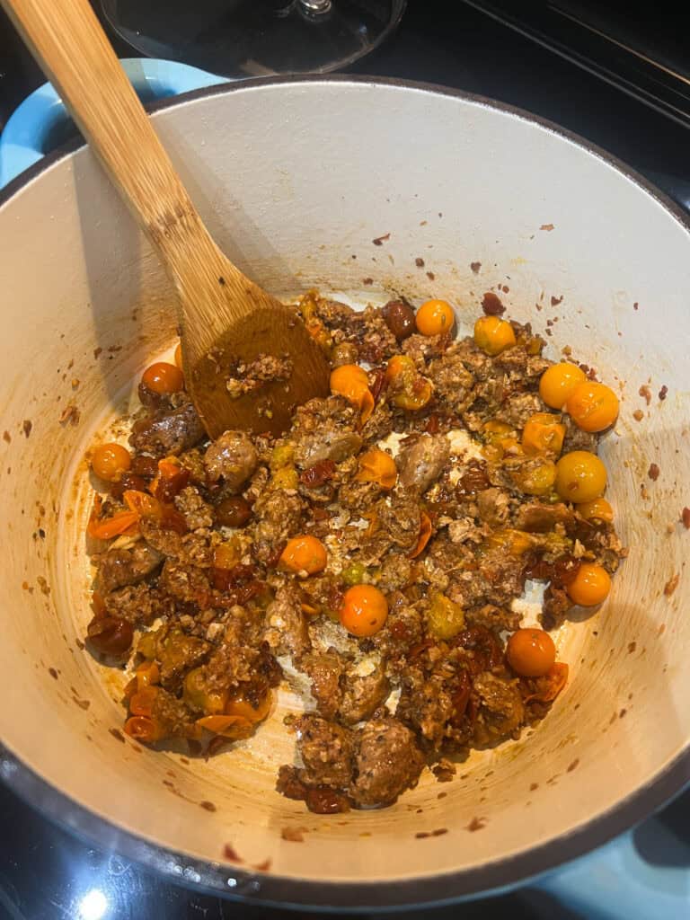 Cherry Tomato & Sun-Dried Tomato cooking in the cast iron