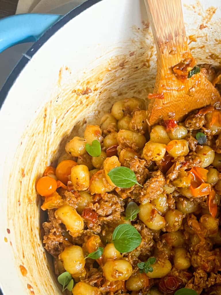 Cherry Tomato & Sun-Dried Tomato Gnocchi (with Vegetarian Sausage)