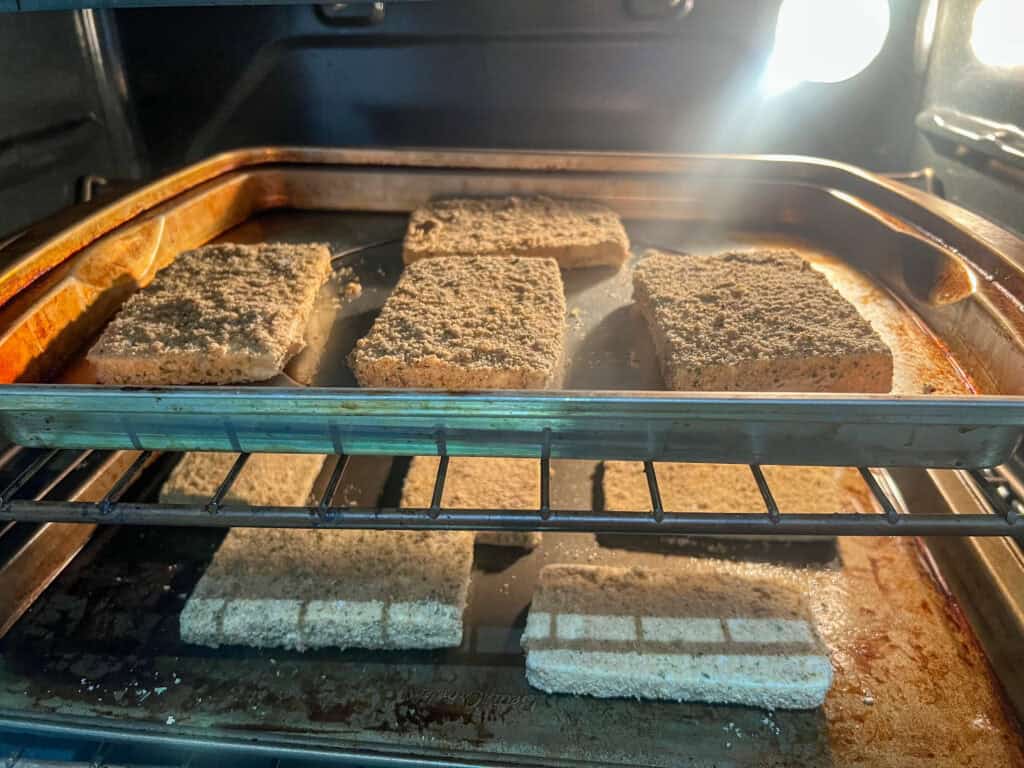 baking the breaded tofu steaks