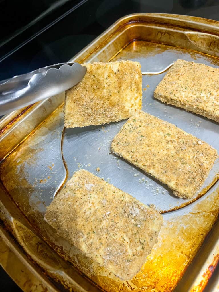 Easy Breaded Tofu Steaks on baking sheet
