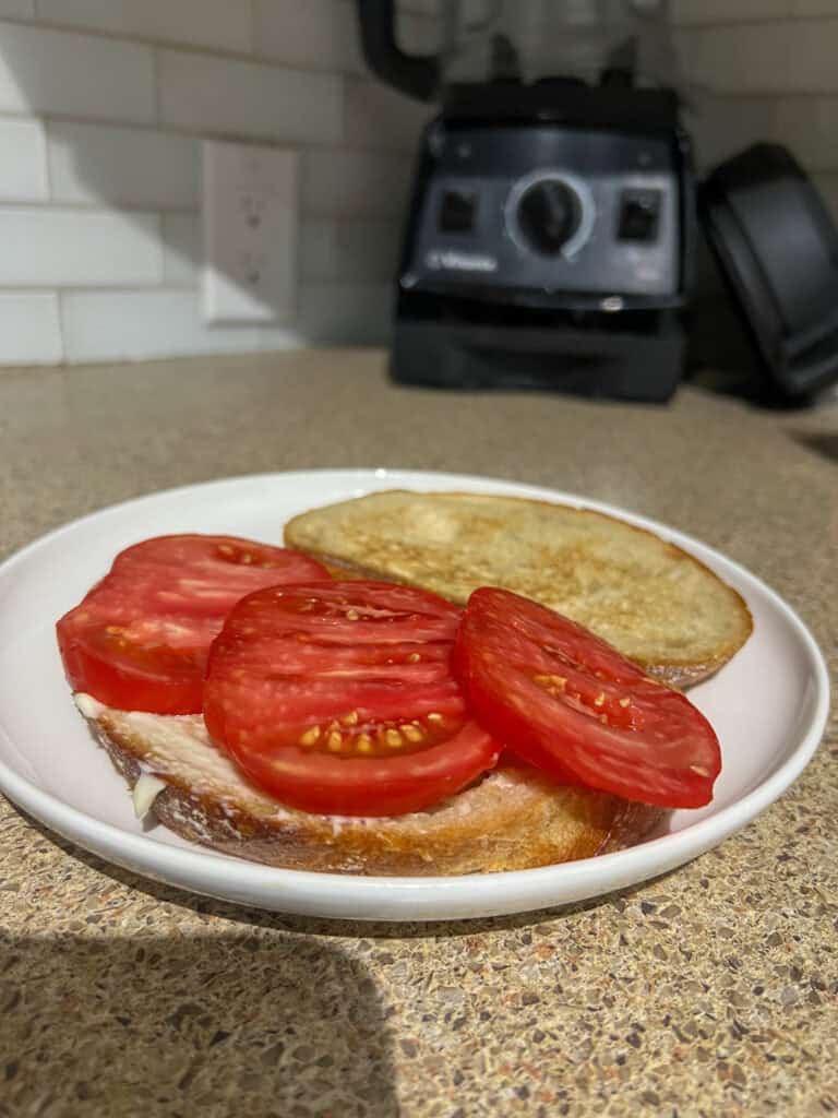 tomatoes on bread on a white plate