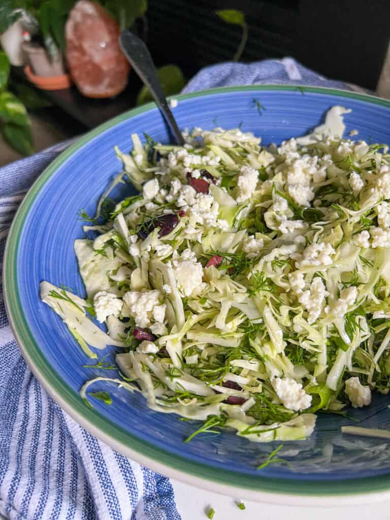 close up greek cabbage salad olives feta
