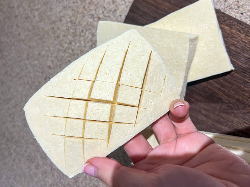 tofu with cross cut marks