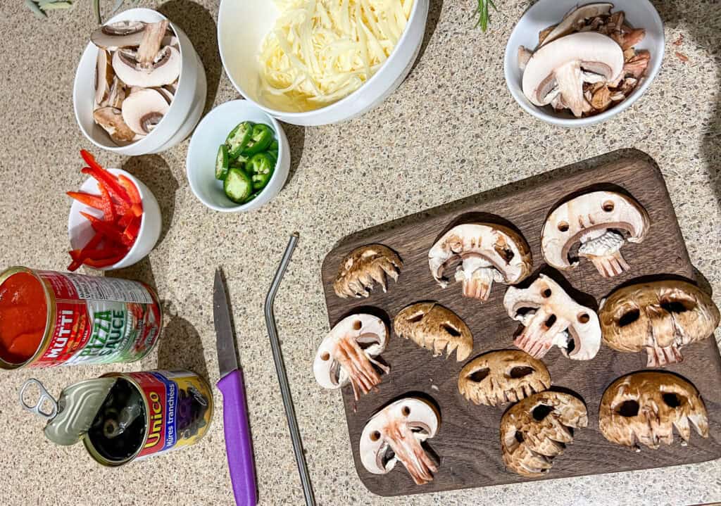 mushroom skulls for halloween pizza