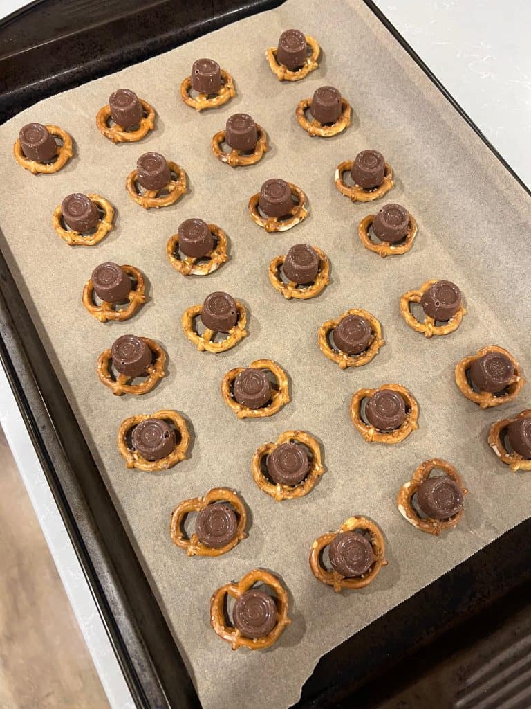 pretzel and rolo on baking sheet