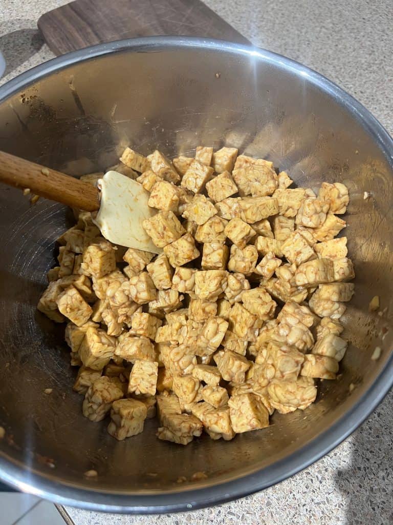 tempeh in bowl with sauce