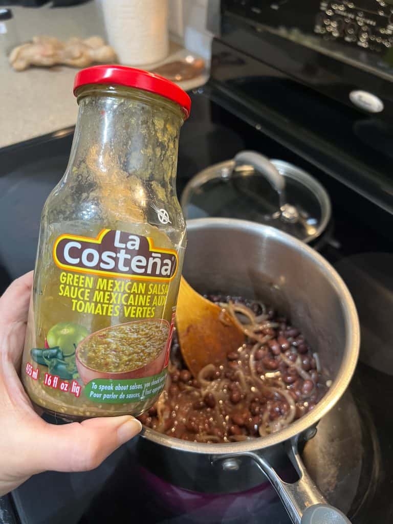la costena green salsa added to beans and onions