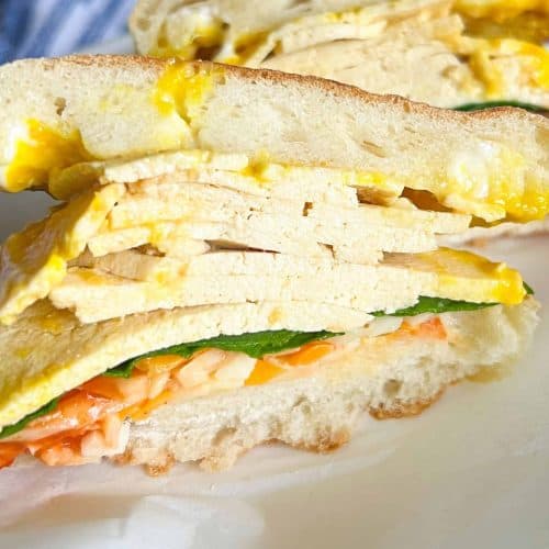 Tofu deli slices on sandwich with english muffins