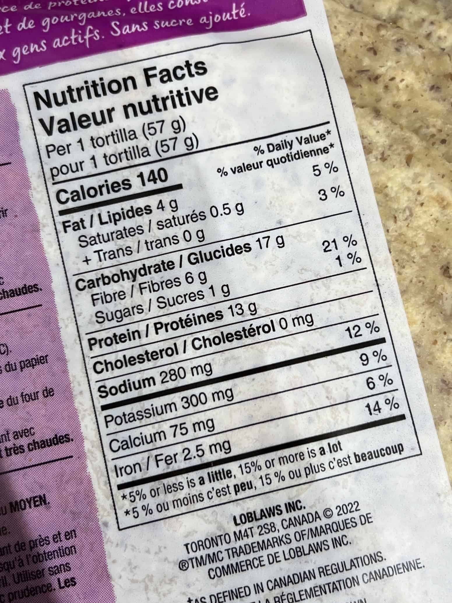 pc protein tortillas nutritional info