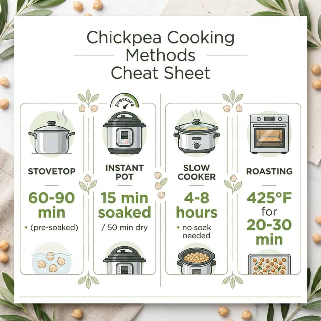 Chickpea cooking methods cheat sheet showing stovetop instant pot slow cooker and roasting times