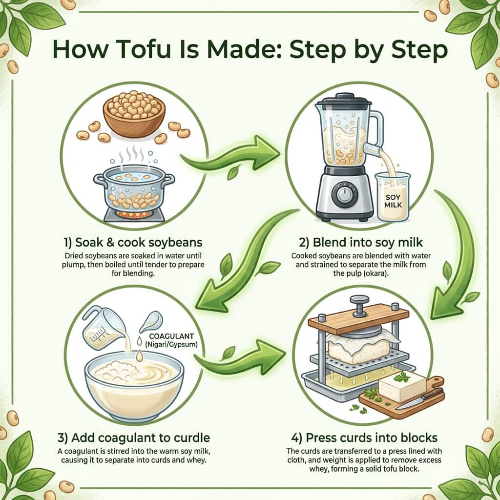 How tofu is made step by step infographic showing soybeans to soy milk to coagulation to pressing