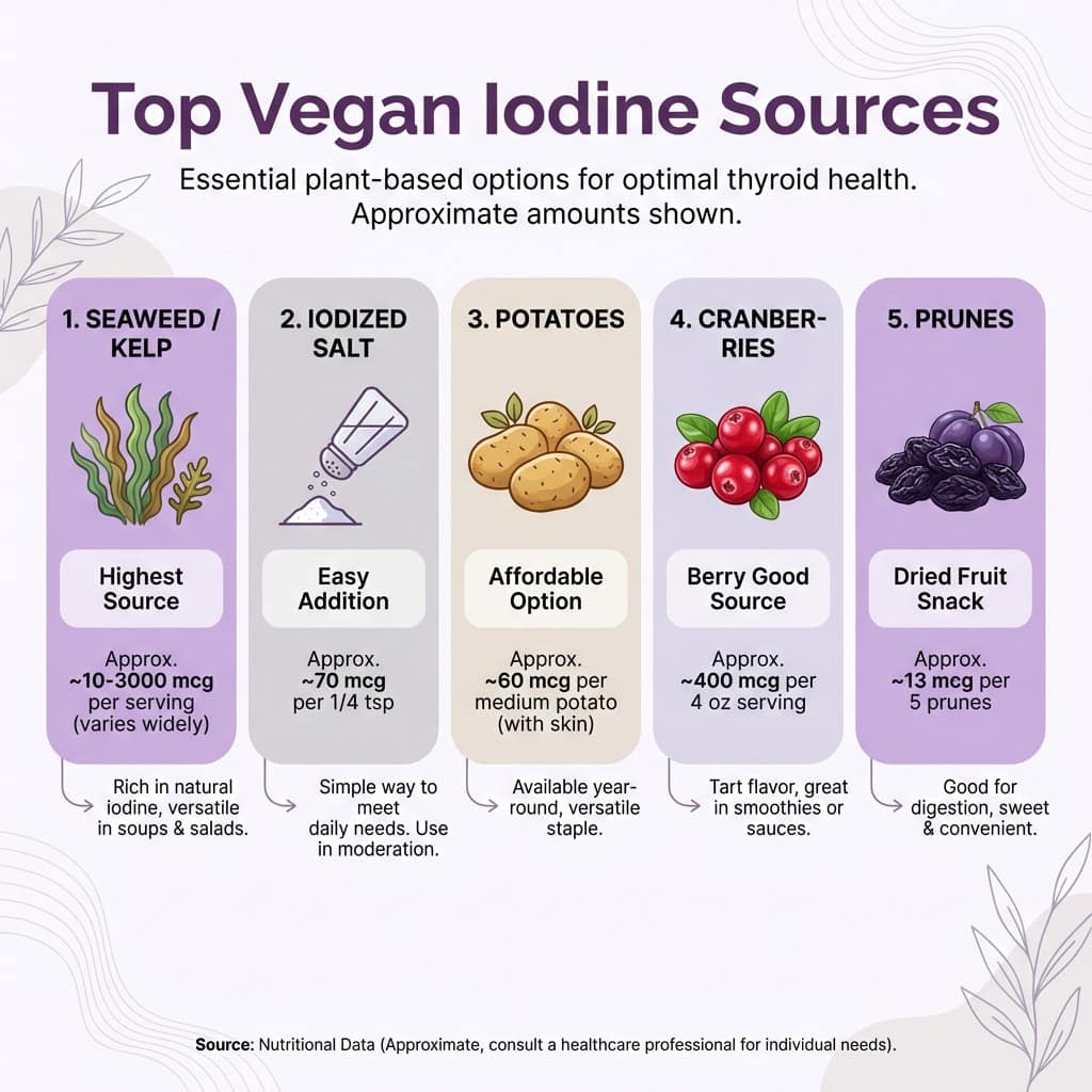 Top vegan iodine sources infographic showing seaweed kelp iodized salt potatoes cranberries and prunes