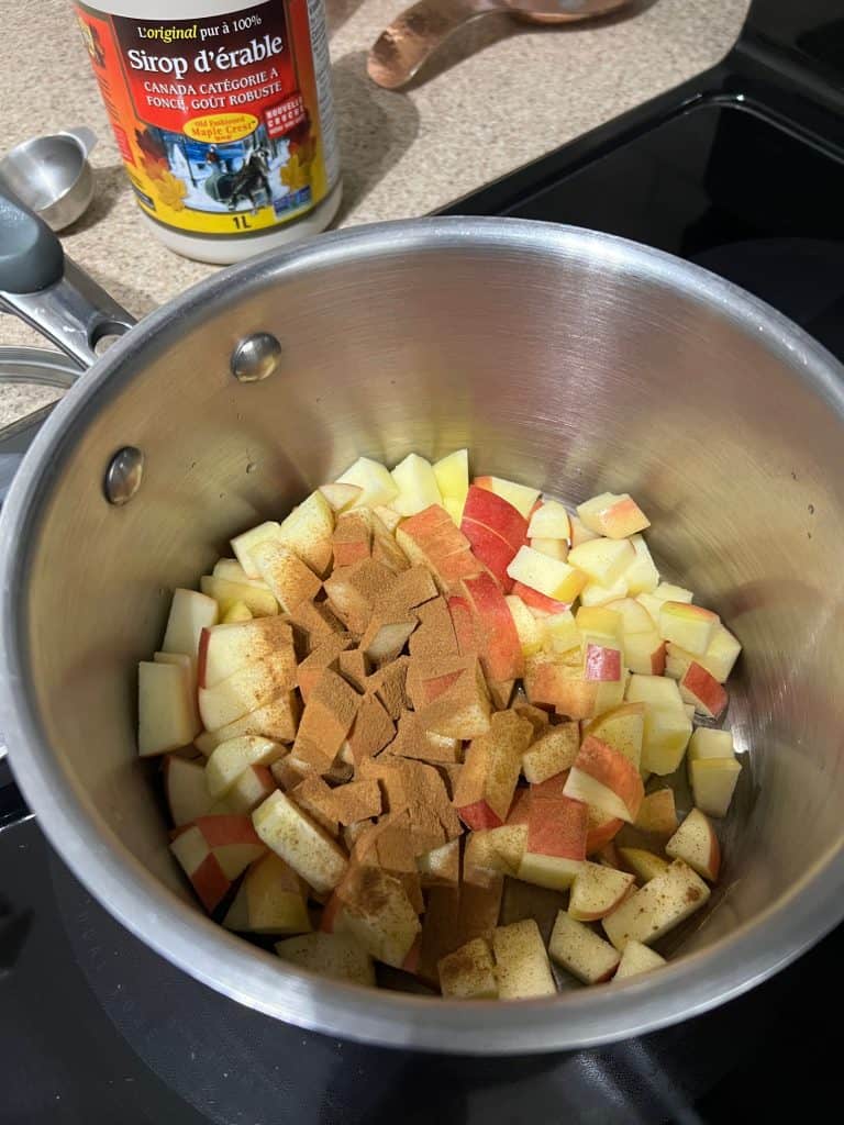 apples and cinnamon in pot to make stewed apples