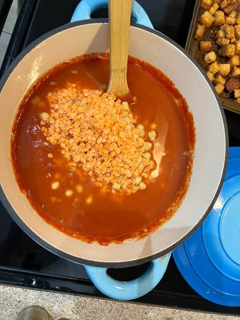 Red Lentil Sweet Potato curry cooking