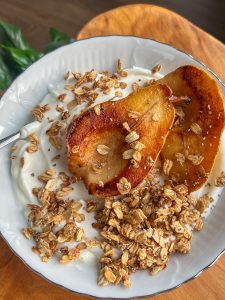greek yogurt bowl with caramelized pear and granola